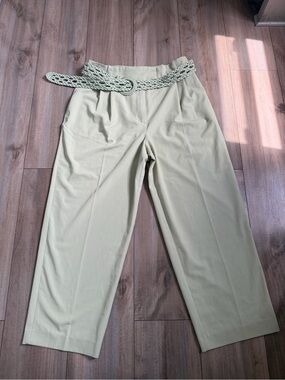 Zara Soft Sage Green Wide-Leg Pants with Braided Waist  belt